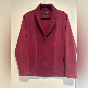 Tommy Hilfiger Sz:L ATHLUX full zip burgundy cardigan shawl collar ribbed front.